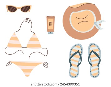 Things for relaxing on the beach. Bikini, hat, sunscreen, glasses, slippers. Summer Vacation, beach, travel around the world. Hand drawn. Colorful flat vector illustration