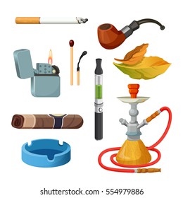 Things for smoking realistic colourful collection on white. Tobacco and smoking sketch set. Vector poster of cigarettes, cigars, hookahs, tobacco leaves, ceremonial pipe, lighter and ashtray.