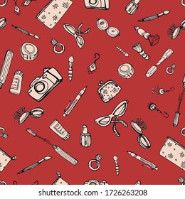 Things are stored in a women's handbag: cosmetics, hand cream, lipstick, powder, camera, wallet, nail polish, wallet. Seamless pattern. Design in hand drawn style. Doodle illustration. Vector graphics