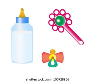 Things to take care of a child with a bottle of milk, pacifier and rattle.
