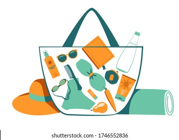 Things that are needed on the beach in summer, at a  resort, on vacation. Beach bag, sunscreen, hat, swimsuit, glasses, towel. Set for Girl, Woman. Vector illustration in flat on white background.