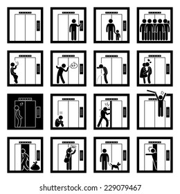 Things That People Do Inside Elevator Lift Stick Figure Pictogram Icons