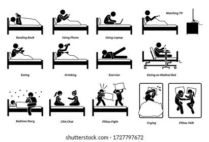 Things that people do on the bed inside the bedroom. Vector of person reading book, using phone, working with laptop, watching TV, eating, drinking exercise, bedtime story, talking, and pillow fight.