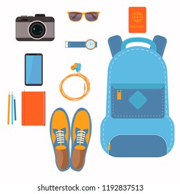 Things that people take with them on a trip backpack shoes passport camera and more.