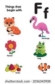 Things that start with the letter F. Educational, vector illustration for children.
