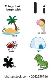 Things that start with the letter I. Educational, vector illustration for children.
