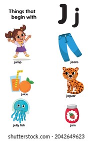 Things that start with the letter J. Educational, vector illustration for children.