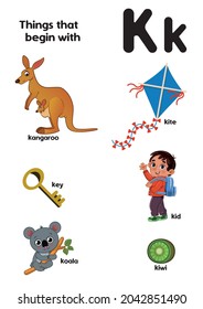 Things that start with the letter K. Educational, vector illustration for children.
