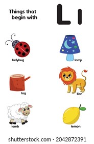 Things that start with the letter L. Educational, vector illustration for children.