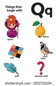 Things that start with the letter Q. Educational, vector illustration for children.