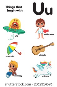 Things that start with the letter U. Educational, vector illustration for children.