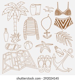 Things that will be useful on the beach, on holiday by the sea. Vector set of drawn doodles. Sketchbook. Attributes a nautical theme.