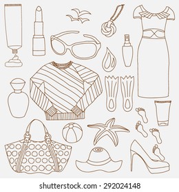 Things that will be useful on the beach, on holiday by the sea. Vector set of drawn doodles. Sketchbook. Attributes a nautical theme.