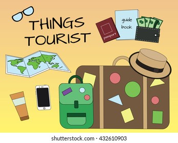 things tourist set vector outline flat travel things summer /summer things tourist set vector