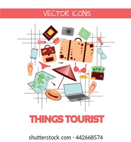 things tourist set vector outline flat travel things / things tourist set line vector