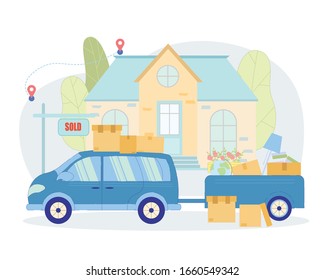 Things Transportation from Sold House to New one. Near Large House there is Minivan with Trailer, Things Residents in Boxes are Loaded in it. At Porch is Sign that Home already Sold, Trees behind it.