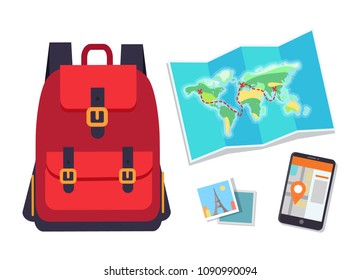 Things for traveling set color vector illustration of red bag, world map with printed travel way through different countries, smartphone and photos