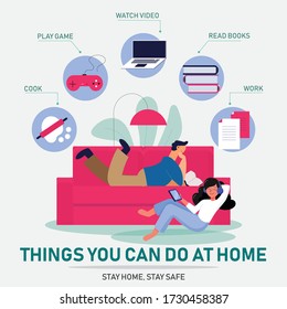 Things you can do at home while stay home at this pandemic situation. Life at home vector. Stay home Stay safe vector background.