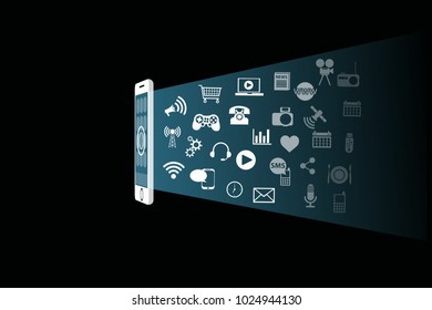 Things you can do with your smartphone. Eps vector illustration of white smartphone projecting social media icons on black background.