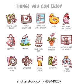 Things you can enjoy, range of activities like drawing, watching tv, listening to music or travel, chatting with friends, taking pictures and etc. Vector icons, little illustrations set.