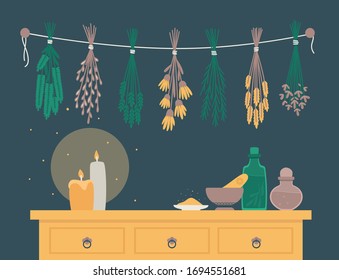Things you need to create magic. Dry herbs and flowers, potions, magic powder, candles, mortar and pestle. Vector illustration of interior in the dark with candle light and magic sparkles.