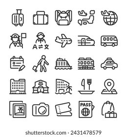 Things you need for traveling, Travel destination Transportation means and Related items Icon set