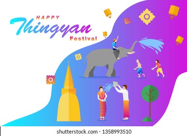 Thingyan,  Burmese New Year Festival, Water Festival in Burma, Vector Illustration