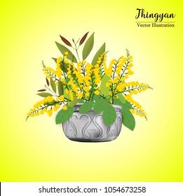 Thingyan Water Festival flower, Illustration of Papilionoideae flower with silver pot, The national Flower of Myanmar, Burma, 