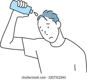 A thin-haired man using a hair restorer with an uneasy face