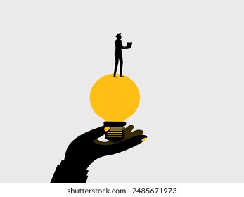 Think about creating content. Businessman with laptop on creative light bulb 