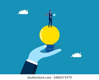 Think about creating content. Businessman with laptop on creative light bulb 