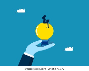 Think about creating content. Businesswoman with laptop on creative light bulb 