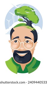 Think about the eco design concept. Portrait of a man with trees and electric windmills. Environmental lifestyle. Vector flat illustration