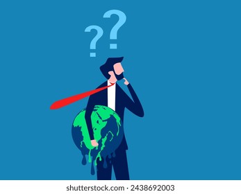Think about global warming. Businessman holding melting earth thinking about problem solving 