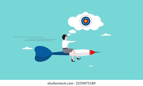 think about goal, business achievement or target. aiming for target. strategy to get target, businesswoman flying on dart think towards the target illustration, business growth or progress