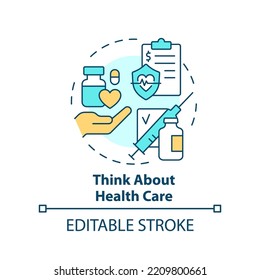 Think About Health Care Concept Icon.Treatment And Medicine. Healthcare Provider Abstract Idea Thin Line Illustration. Isolated Outline Drawing. Editable Stroke. Arial, Myriad Pro-Bold Fonts Used