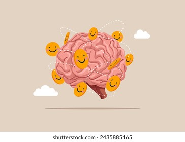 Piensen en el aumento de la inteligencia emocional. Emoticonos positivos en el cerebro. Ilustración vectorial plana.