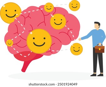 Think about increased emotional intelligence. Positive emoticons on brain. Flat vector illustration.

