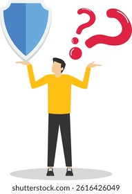 Think about insurance. Businessman holding a shield thinking about protection stock illustration

