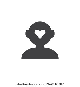 Think about love vector icon. filled flat sign for mobile concept and web design. Human head with heart simple solid icon. Symbol, logo illustration. Pixel perfect vector graphics