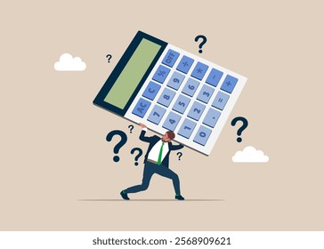 Think about numbers. Loan calculation, budget allocation, expense and debt pay off or payment. Businessman holding a calculator thinking about calculations. Flat vector illustration