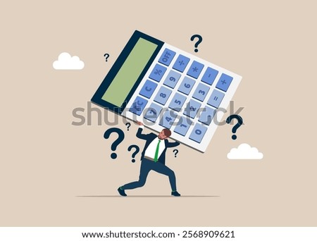 Think about numbers. Loan calculation, budget allocation, expense and debt pay off or payment. Businessman holding a calculator thinking about calculations. Flat vector illustration