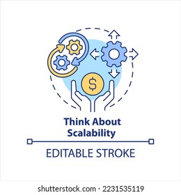 Think about scalability concept icon. Development strategy. Choosing business tools abstract idea thin line illustration. Isolated outline drawing. Editable stroke. Arial, Myriad Pro-Bold fonts used