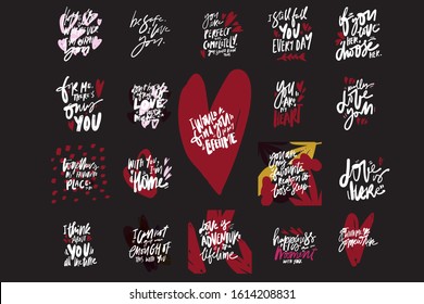 I think about you all the time. Love is here. Love quotes set. Hand lettering illustraytion. Inspirational quote about love