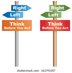 Think before you act at a decisive moment. Conceptual signboard about human behaviours. Vector, EPS10.