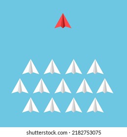 Think and being differently. Red plane changes direction in a sky. Concept of leadership. Taking risky. Vector illustration.