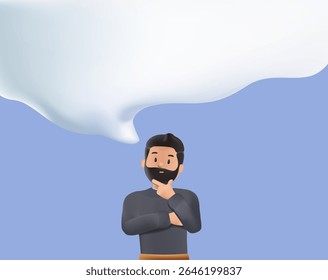 Piensa en grande 3D render, ambición al éxito, sueño grande para cambiar el mundo o la contemplación para obtener una solución para resolver un gran problema, imaginación o concepto de creatividad, hombre de negocios inteligente pensando con burbuja