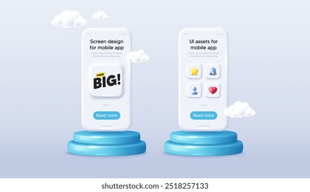 Think big banner. Phone mockup on podium. Product offer 3d pedestal. Creative idea concept tag. Business offer icon. Background with 3d clouds. Think big promotion message. Vector