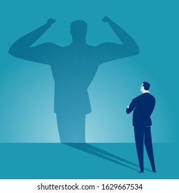 Think big. Businessman watches his shadow and contemplating about strength. Business vector concept illustration