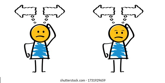 Think big or dream Happy smile stickman emoji icons Funny comic stick figures man, woman Vector communication emotions sign drawing talking cartoon person Chaos thinking or idea brain success concept